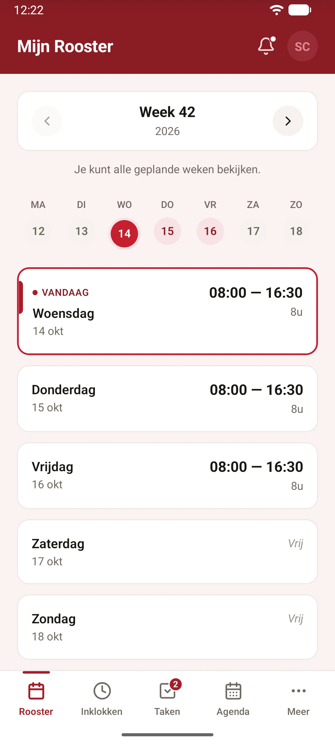 Mijn Rooster in de StaffPro Employee-app: de diensten van deze week