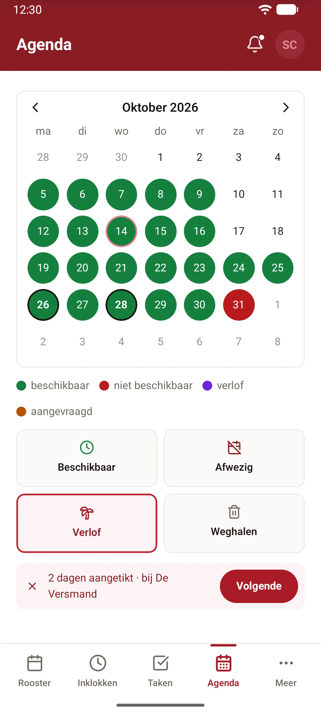 De Agenda in de StaffPro Employee-app: verlof aanvragen