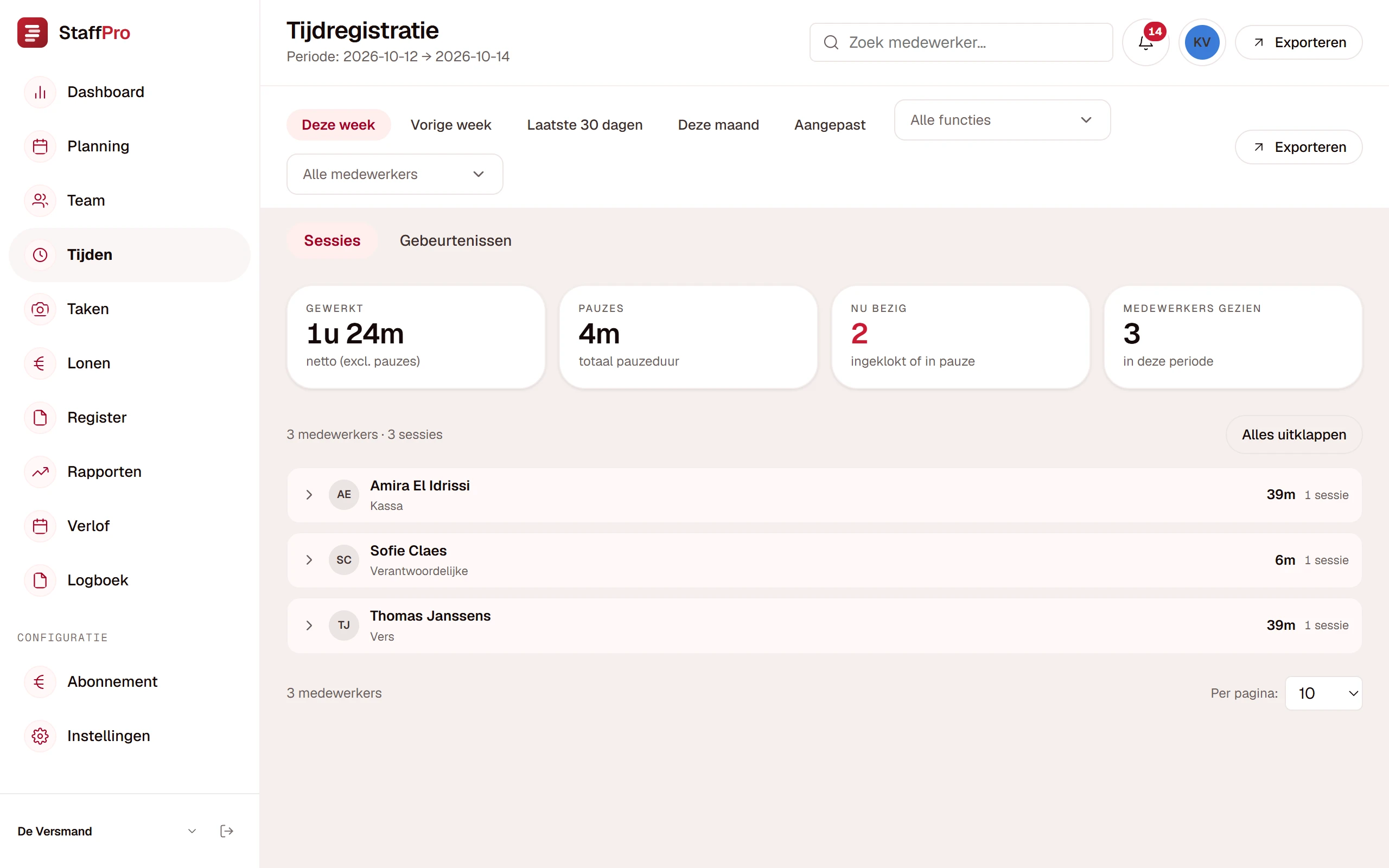 Tijdregistratie op admin.staffpro.be: gewerkte uren per medewerker